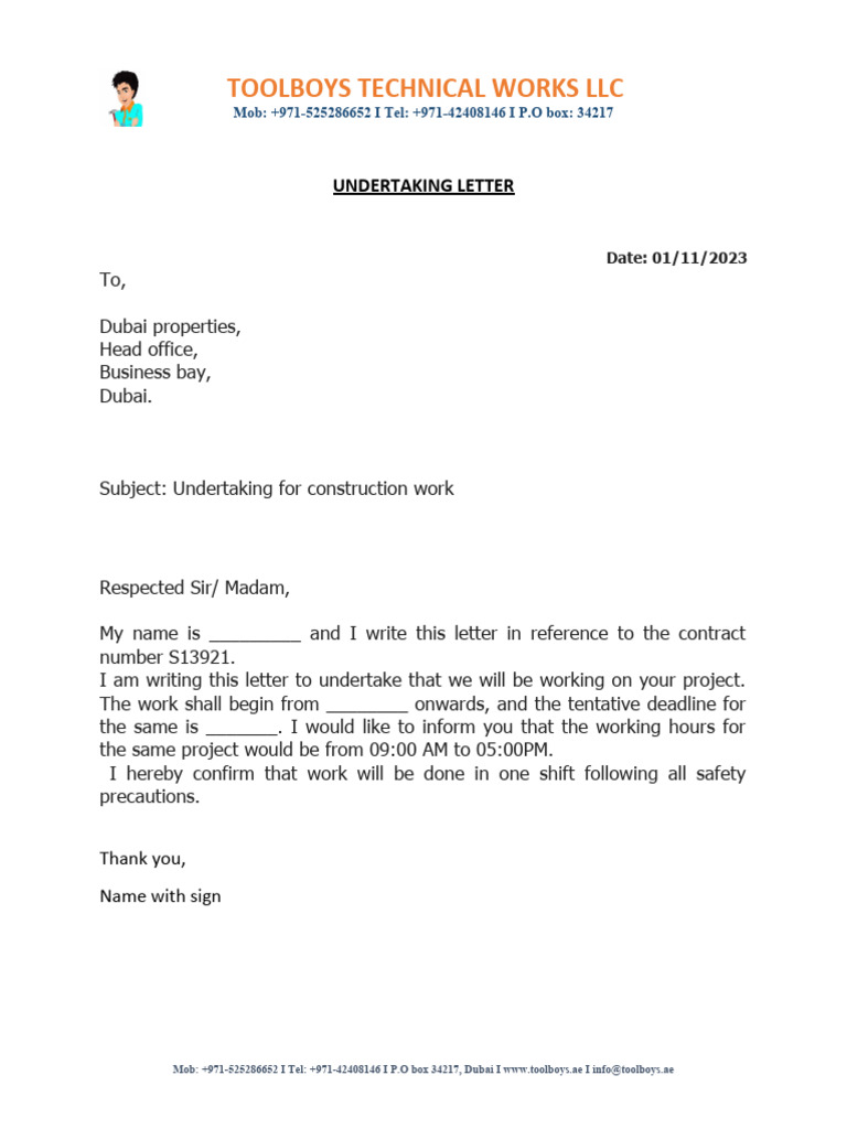 Construction Work Undertaking Letter | PDF