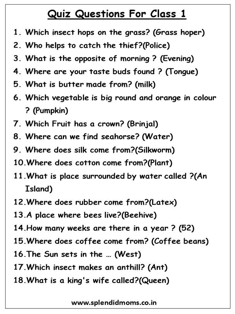 Quiz Questions Class 1 Part2 PDF Eggplant Fruit