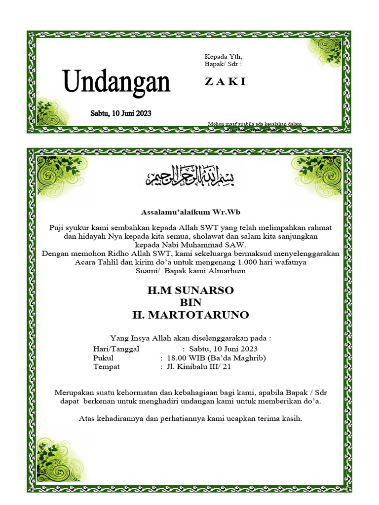 03 Contoh Undangan 100 Hari Format | PDF