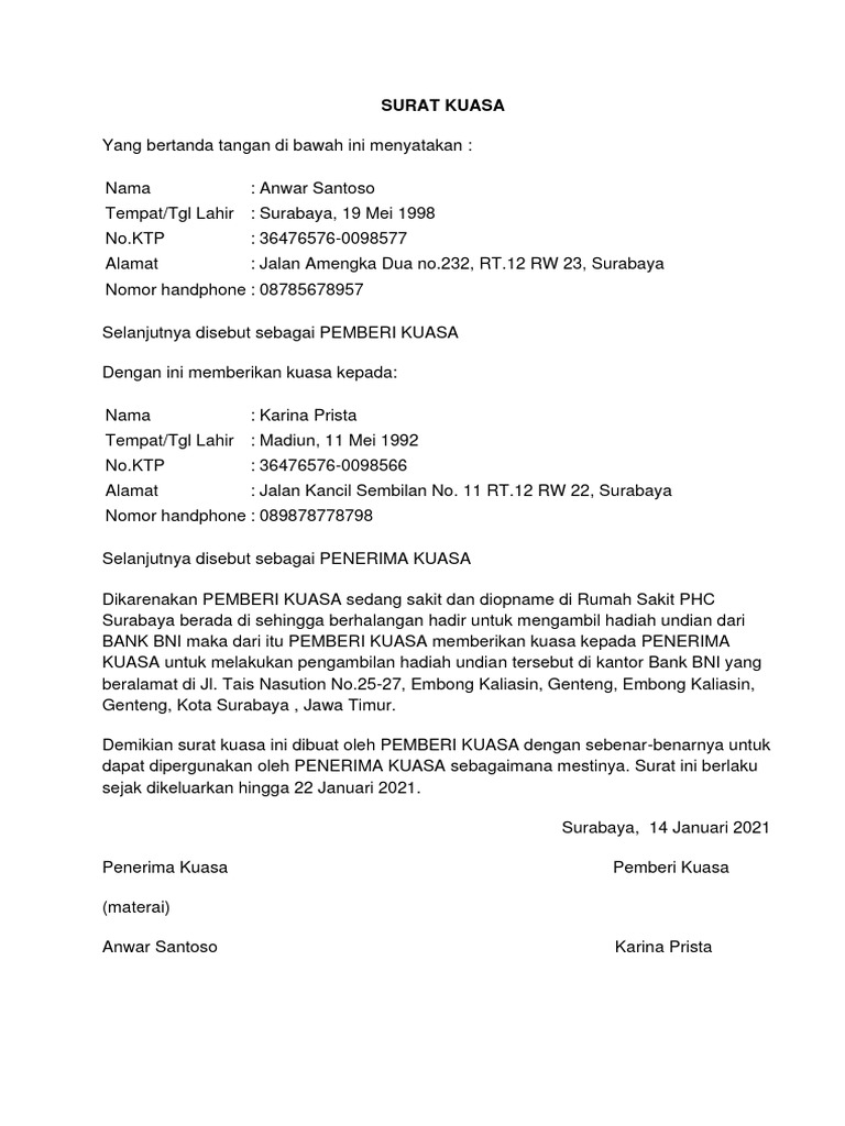 Contoh Surat Kuasa Untuk Pengambilan Barang Berupa Undian | PDF