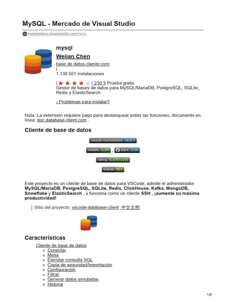 MySQL - Mercado de Visual Studio | PDF | Mi sql | Bases de datos