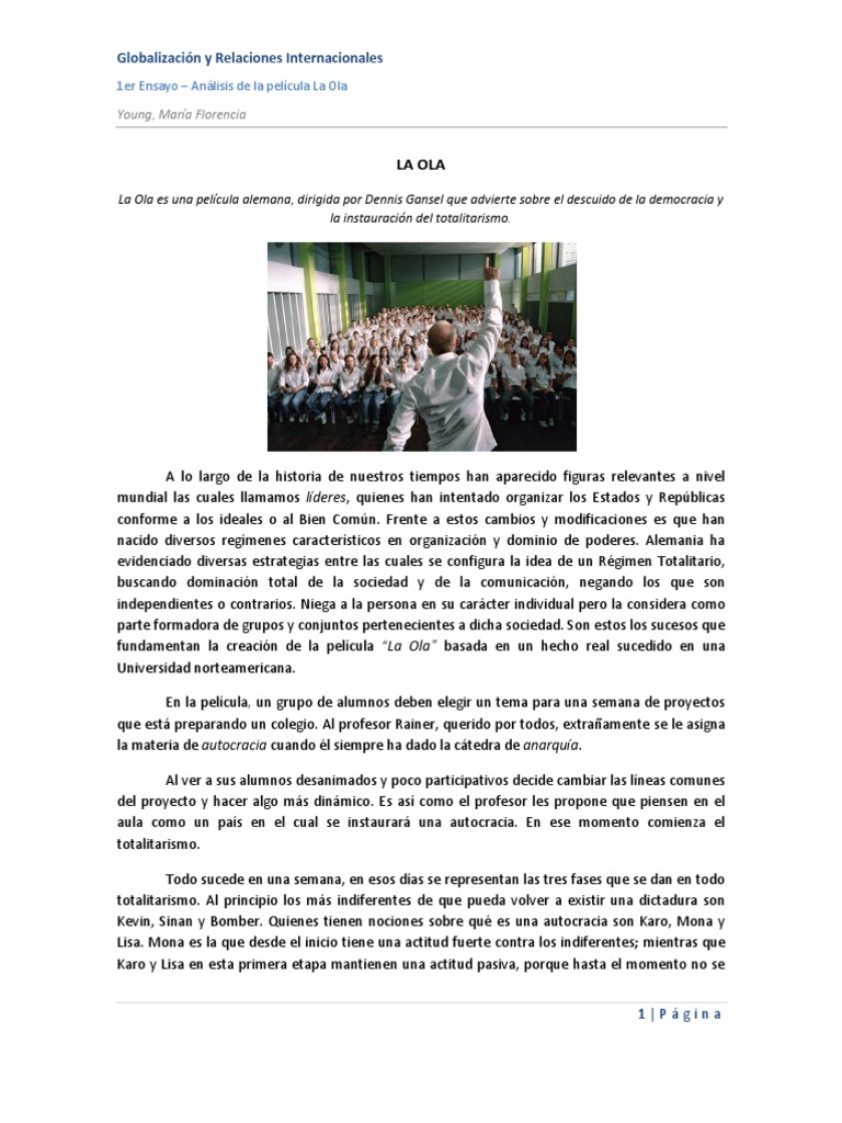 Ensayo Película La Ola Totalitarismo Política