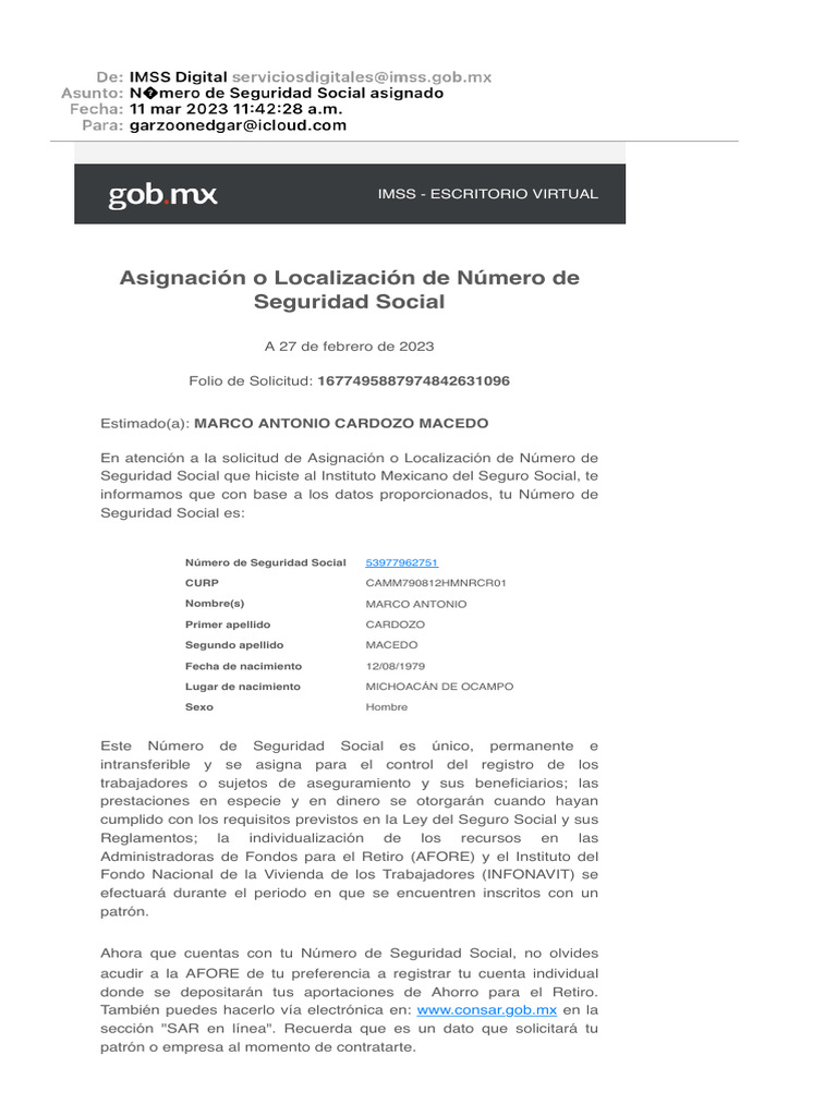 N Mero De Seguridad Social Asignado PDF Justicia Crimen Y Violencia