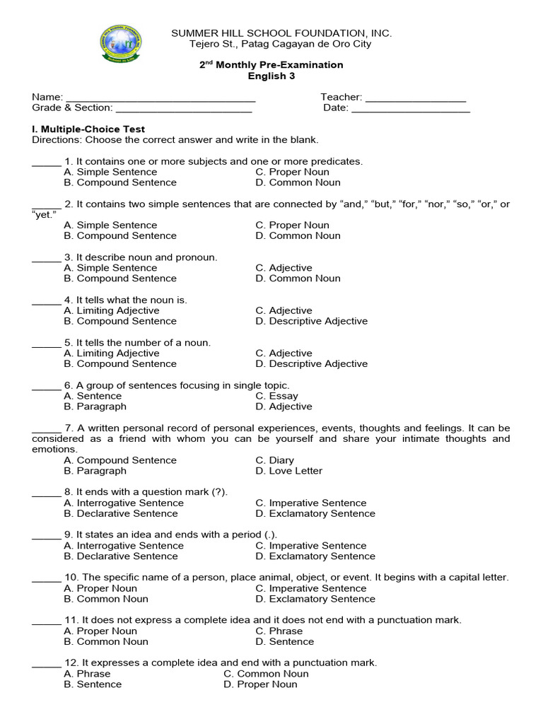 ENGLISH 3 October Pre Examination | PDF | Adjective | Sentence ...