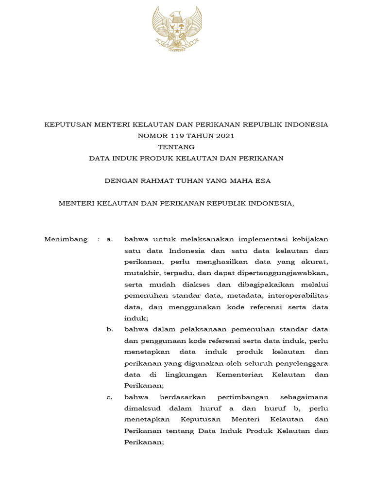 Kepmen 119 Tahun 2021 Tentang Data Induk Produk Kelautan Dan Perikanan ...
