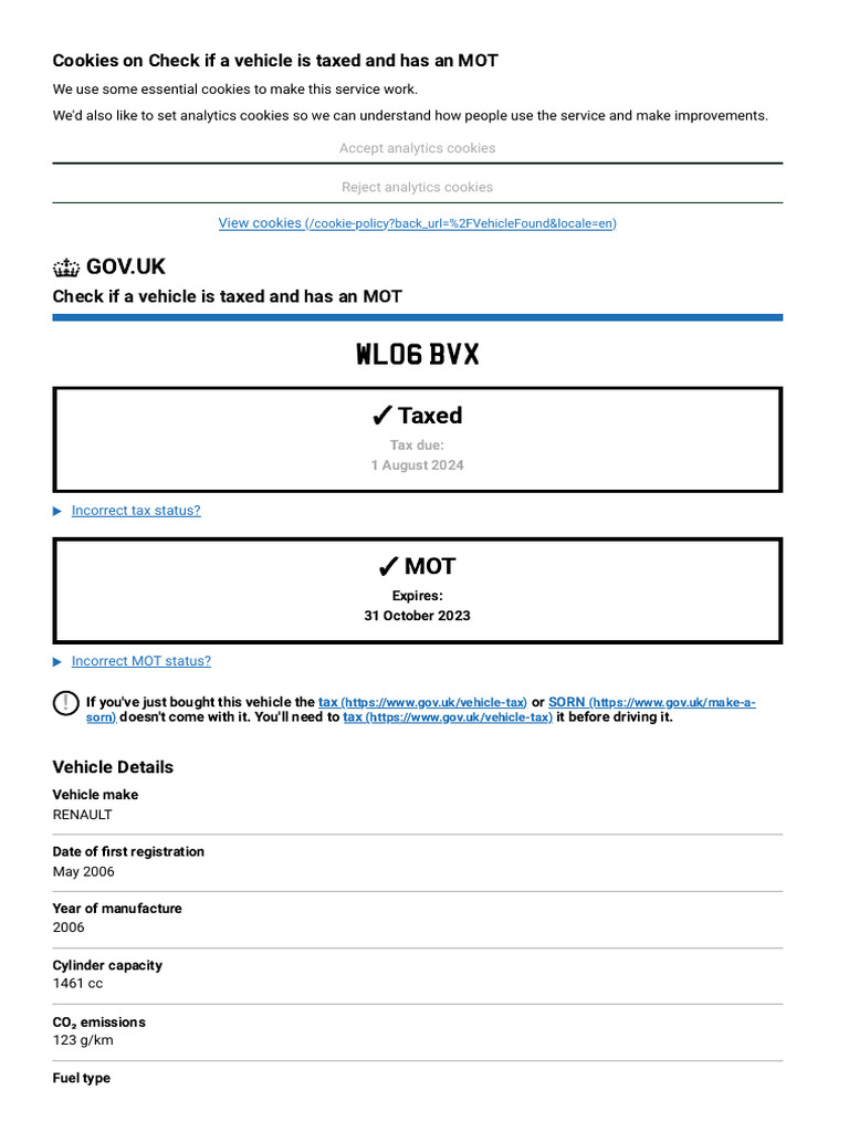 Vehicle tax and mot status results check if a vehicle is taxed and