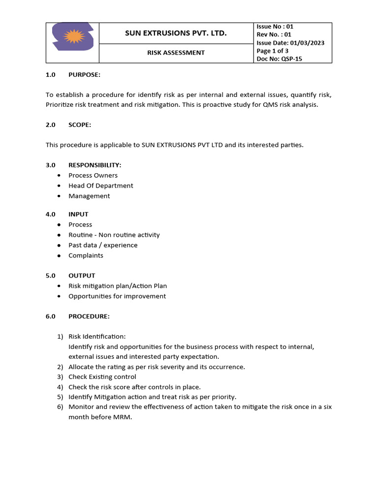 Risk Assessment Procedure for QMS | PDF | Risk Management | Risk