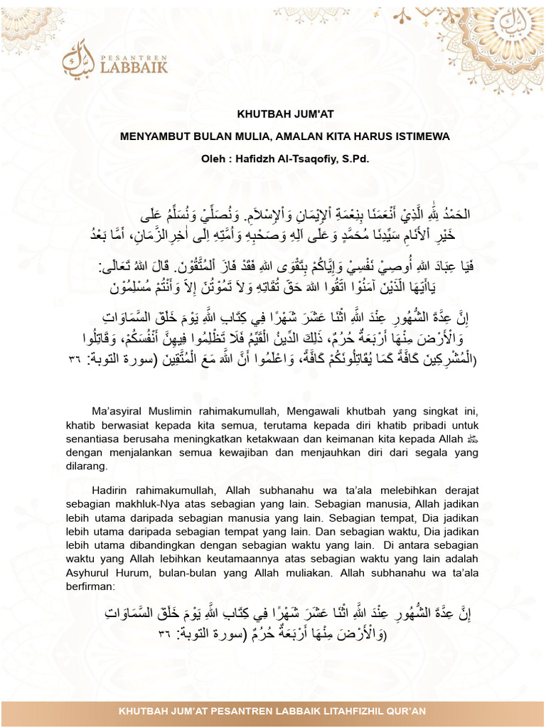 Khutbah Jumat Sambut Bulan Mulia Dengan Amalan Istimewa | PDF