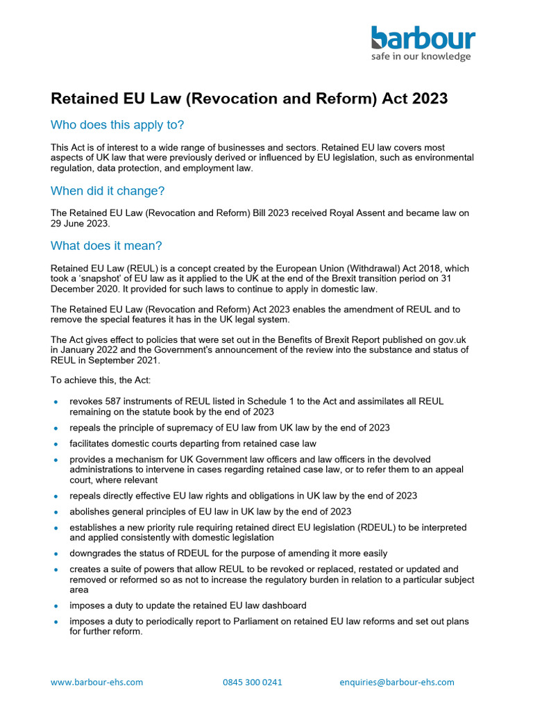 Retained EU Law Revocation and Reform Act 2023 Legislation Summary RM