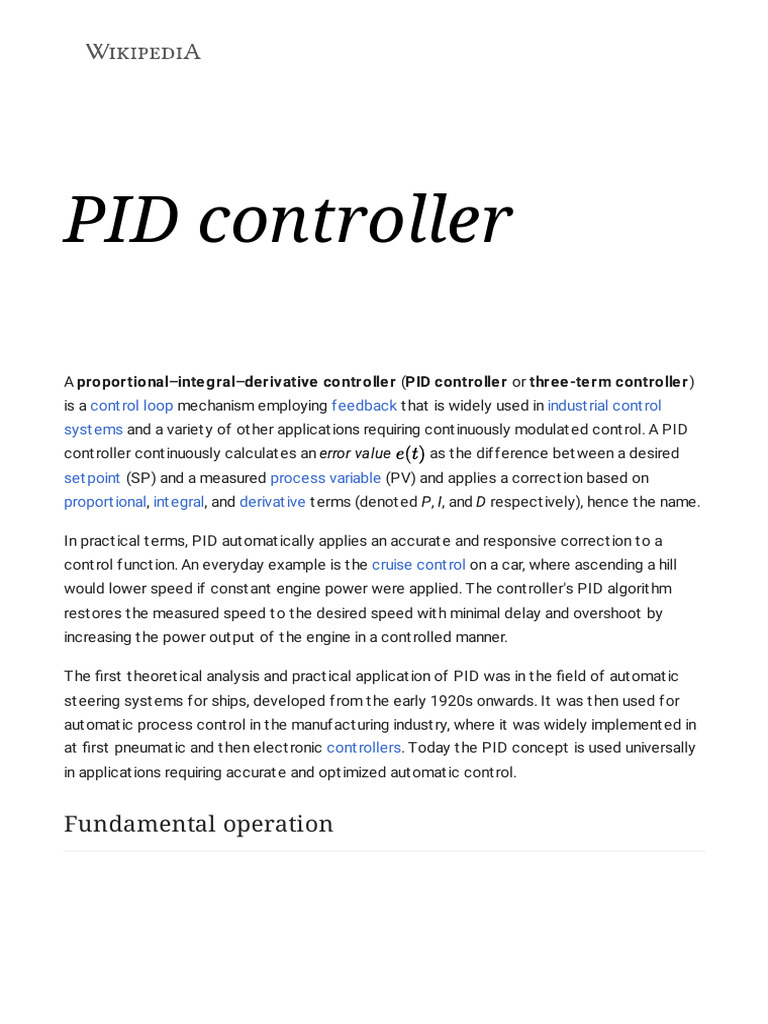 PID Controller - Wikipedia | PDF | Mechanical Engineering | Systems ...