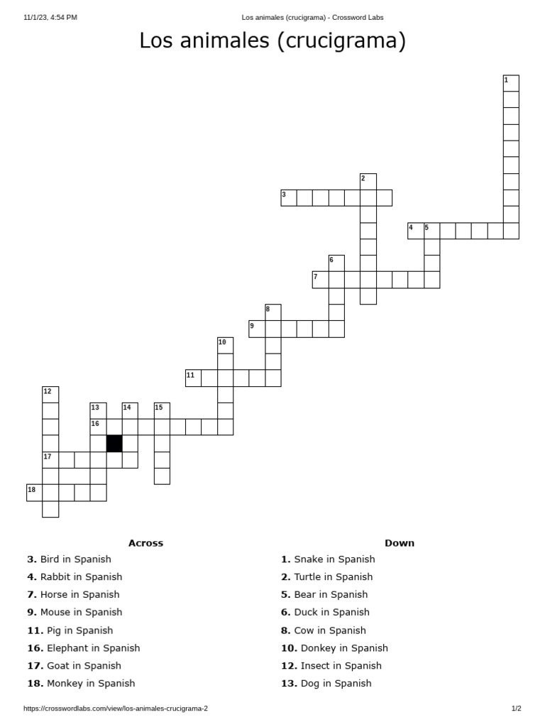 Spanish Animals Crossword Puzzle | PDF