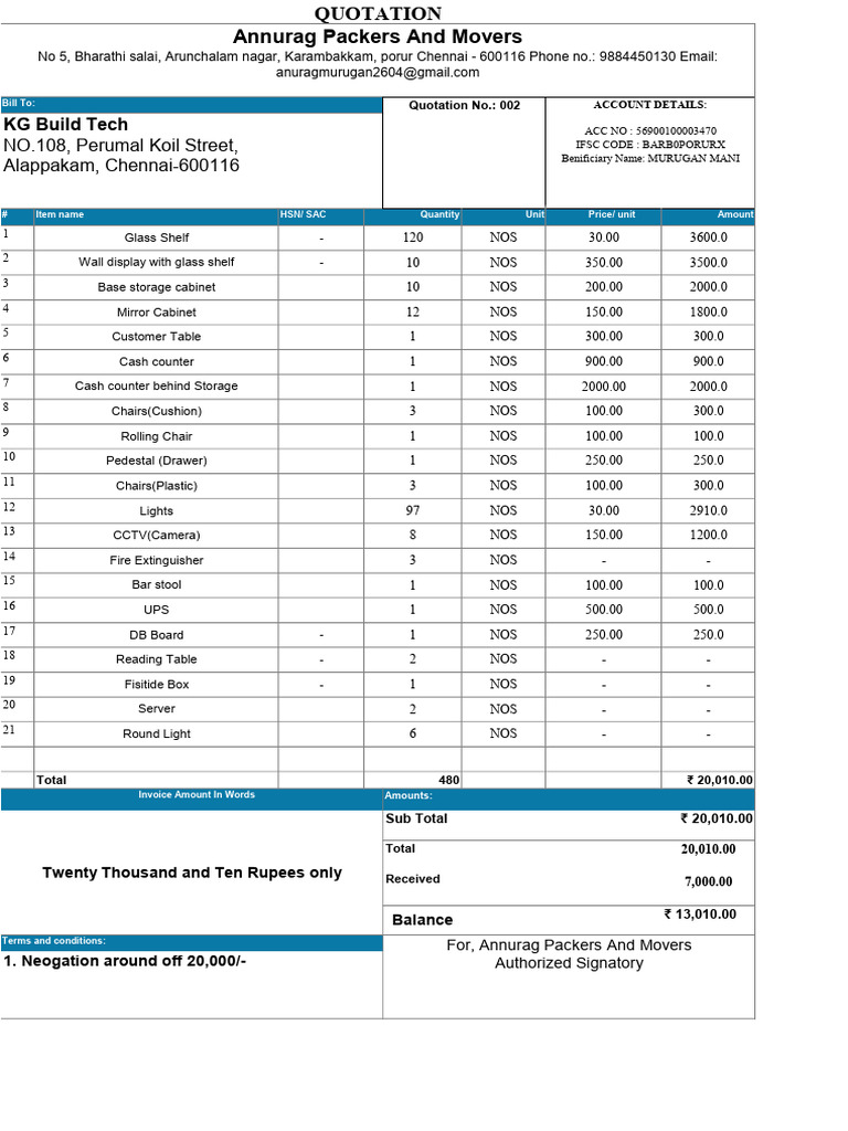 Quotation for KG Build Tech Furniture | PDF