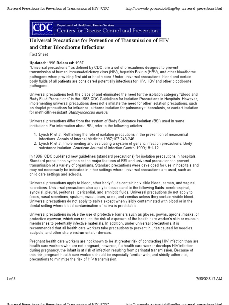 CDC Doc Universal Precautions for Prevention of Transmission of HIV
