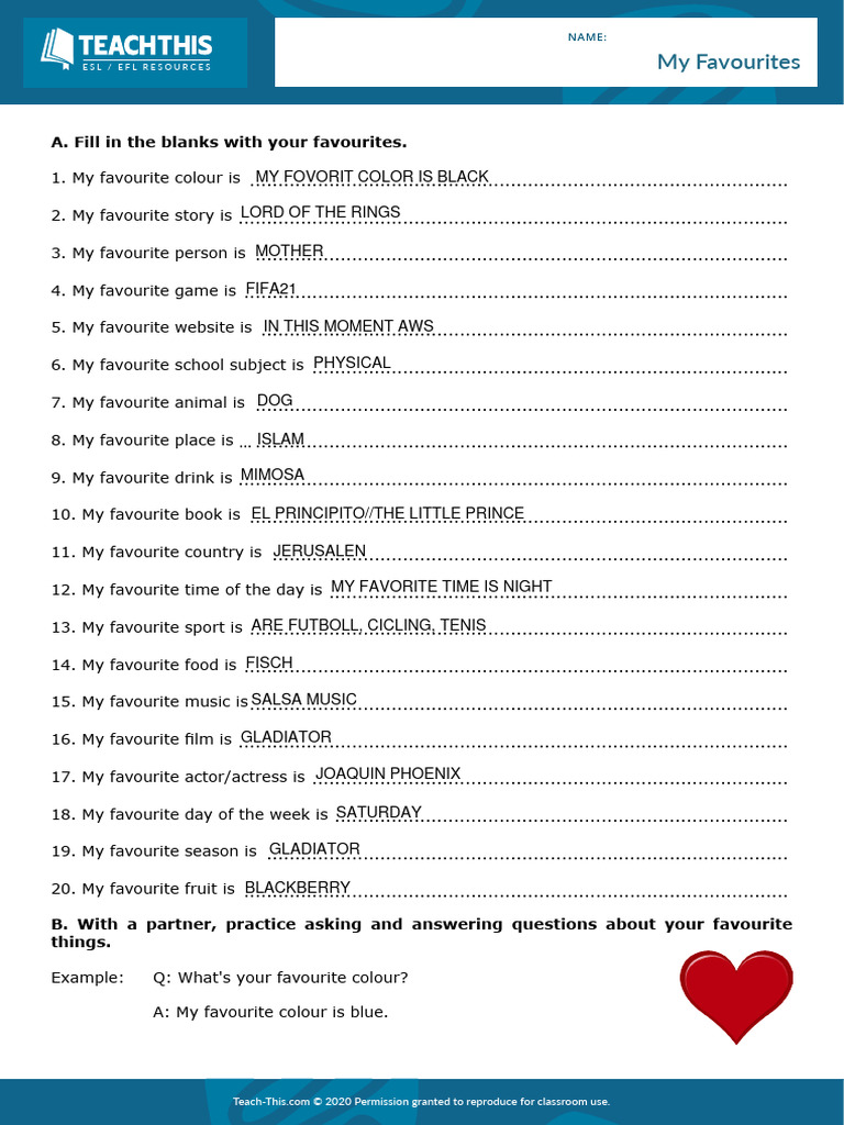 My Favourites Interactive Worksheet | PDF