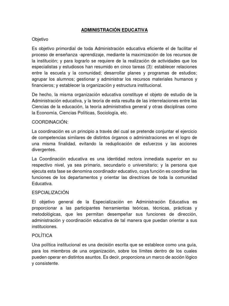 Objetivos de la Administración Educativa | PDF | Institución