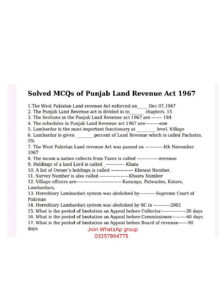 Solved MCQs For Tehsildar Land Revenue Act PDF