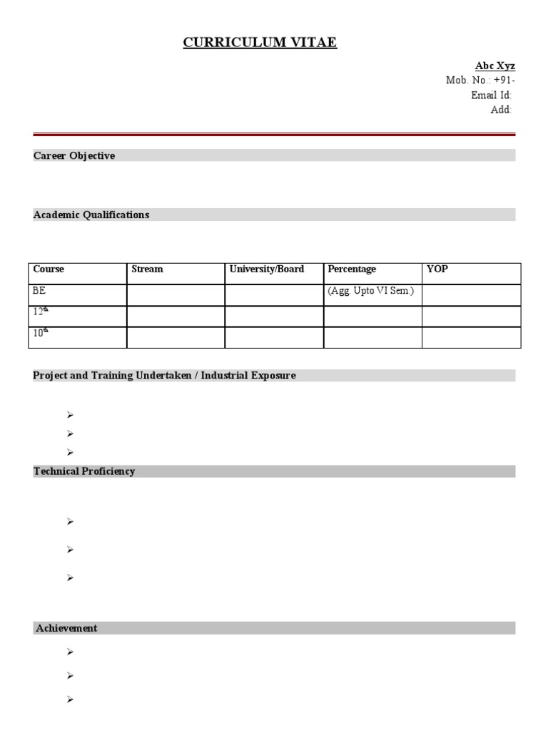 Sample CV For BE | PDF
