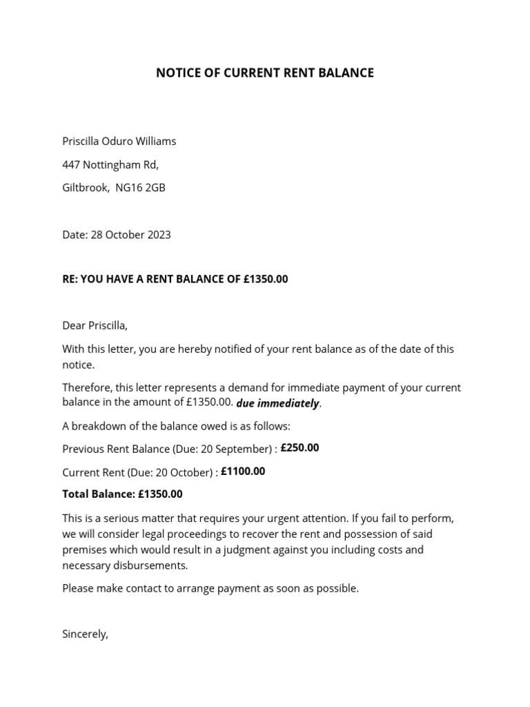 Notice of Current Rent Balancere You Have A Rent Balance of | PDF