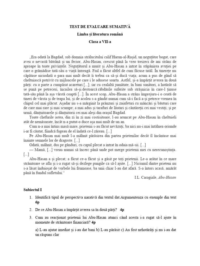 Test de Evaluare Sumativa Clasa 7 Modul 1 | PDF