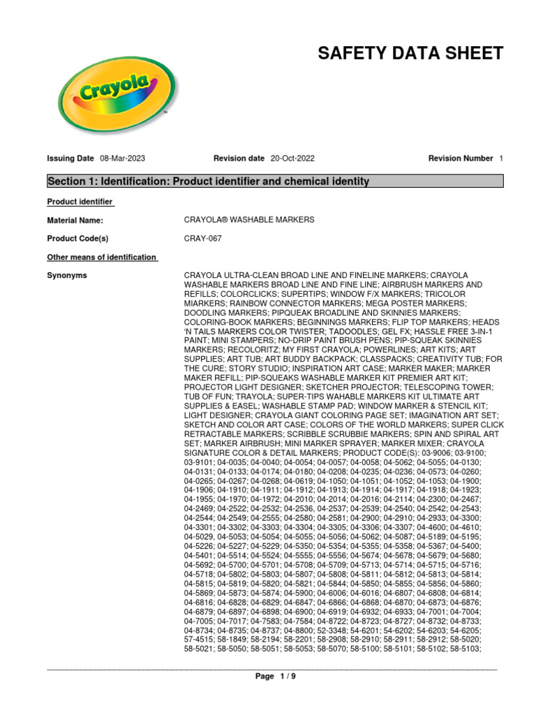 Crayola Washable Markers SDS PDF