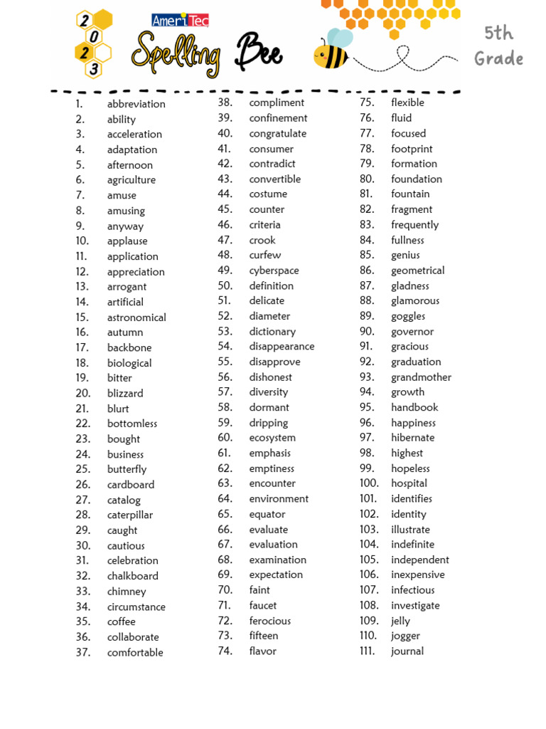 5th grade spelling bee list 2023 pdf