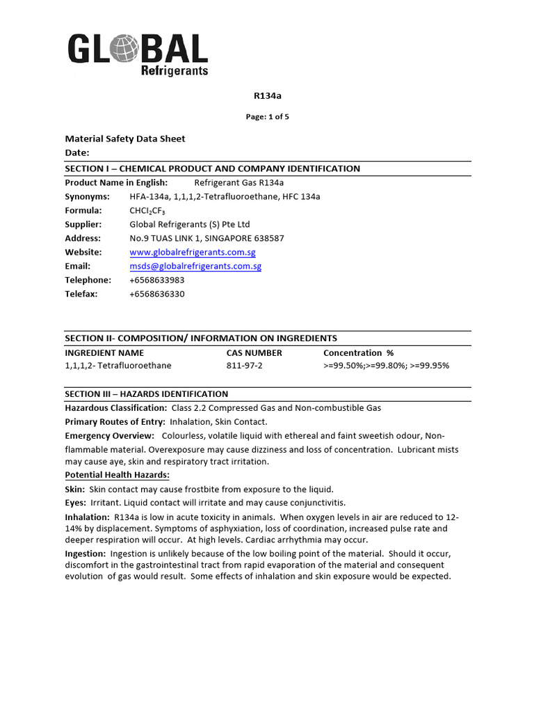 Safety Data Sheet R134a
