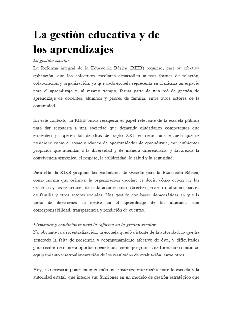 Gestión Educativa y Aprendizajes Efectivos | PDF | Educación de la ...