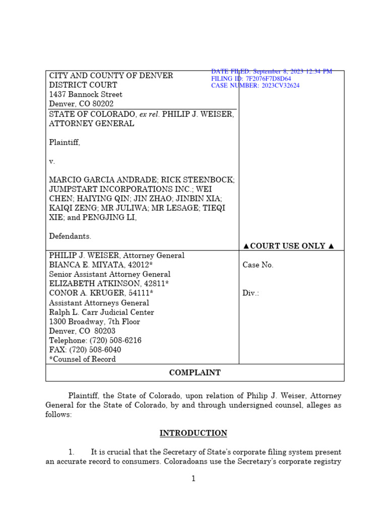 Complaint State of Colorado Fraudulent Business Filings PDF