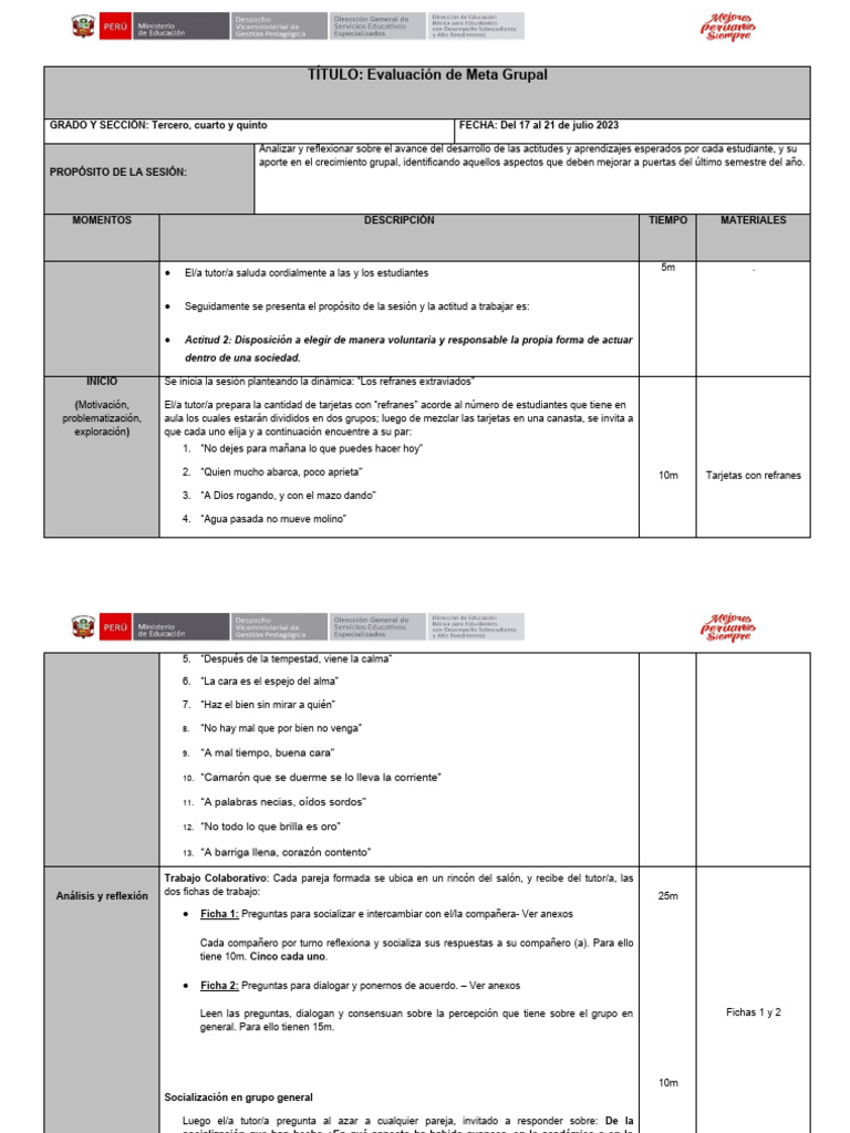 Sesión - Evaluación Meta Grupal | PDF | Bienestar