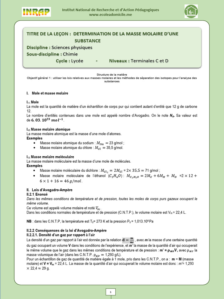 Calcul de la masse molaire en chimie PDF Atmosphère de la Terre — free download
