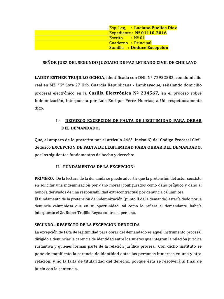 Excepción de Falta de Legitimidad para Obrar | PDF