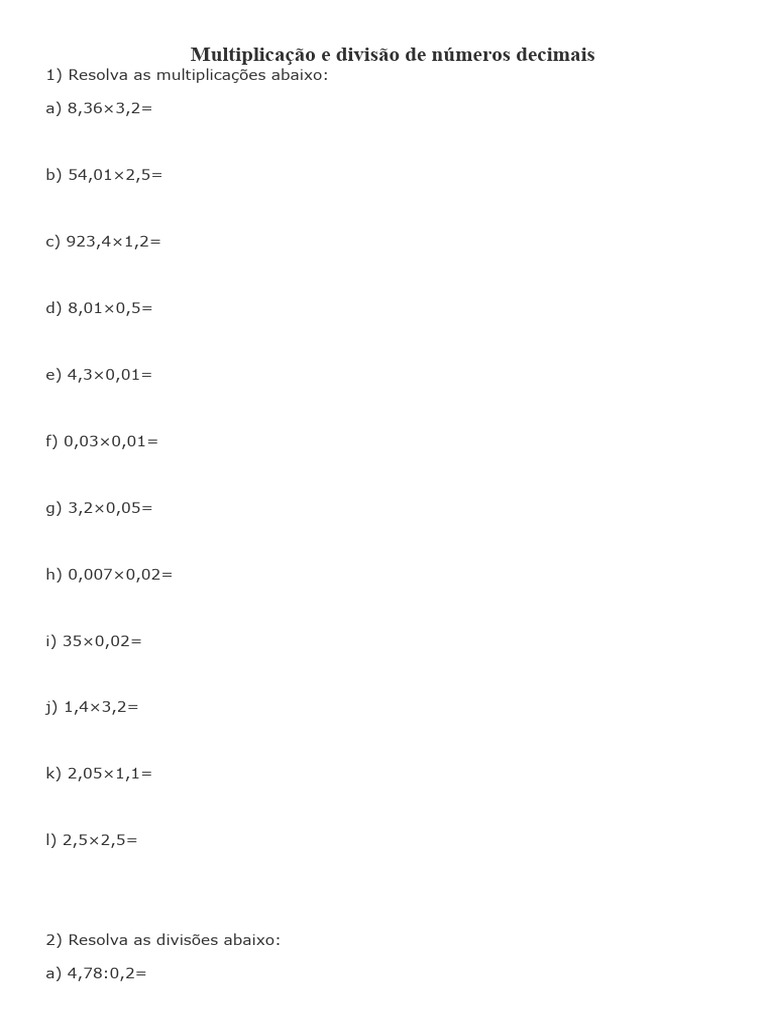 Multiplicação e Divisão de Números Decimais | PDF