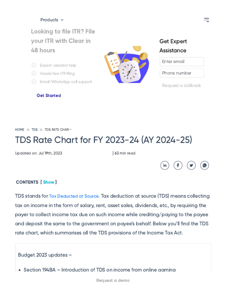 TDS Rate Chart for FY 202324 (AY 202425) PDF Capital Gains Tax Taxes