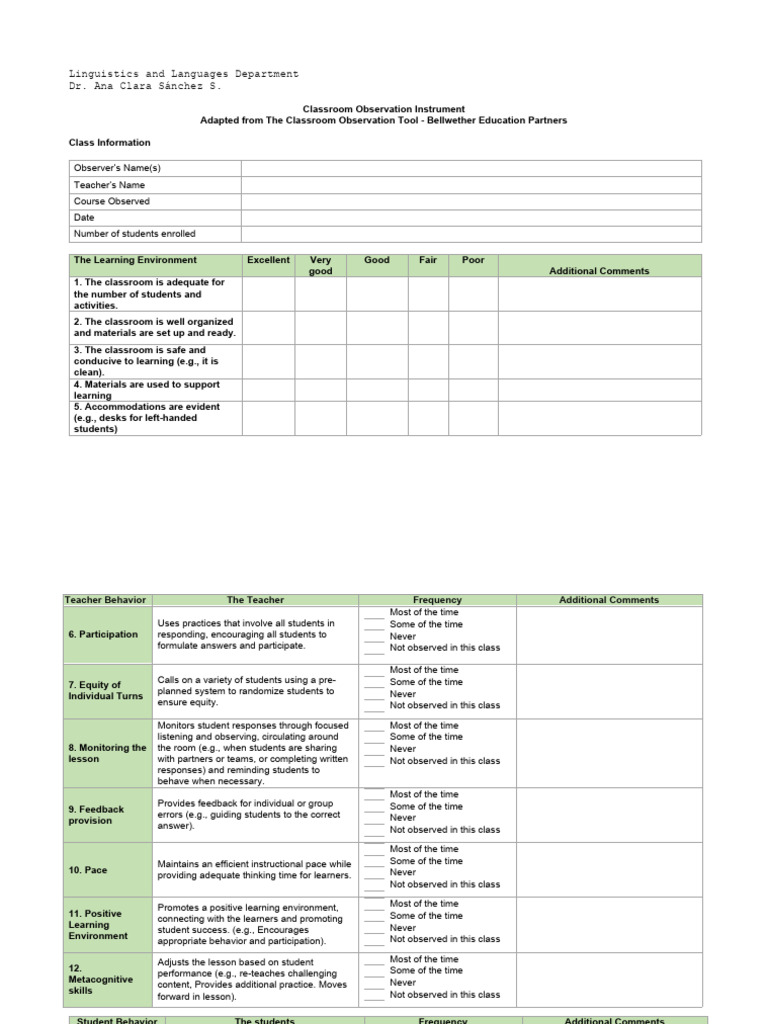 TESOL I Lesson Observation Procedure B-2023 | PDF | Learning | Classroom