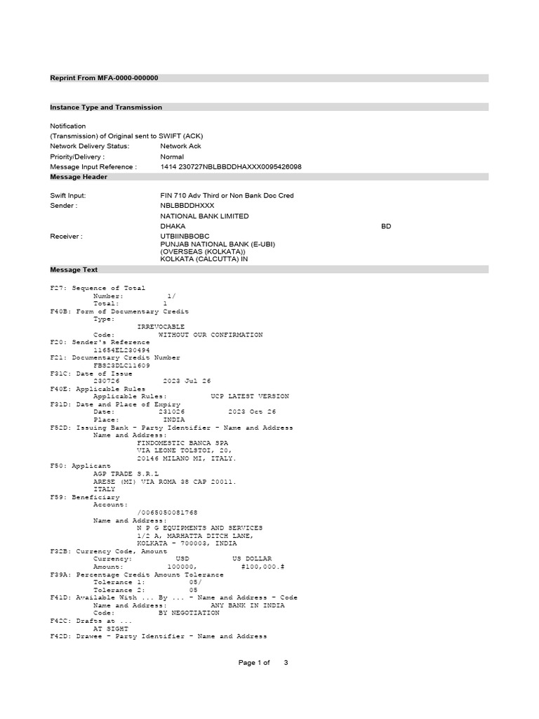 MT 710 (11654el230494) | PDF | Letter Of Credit | Economies