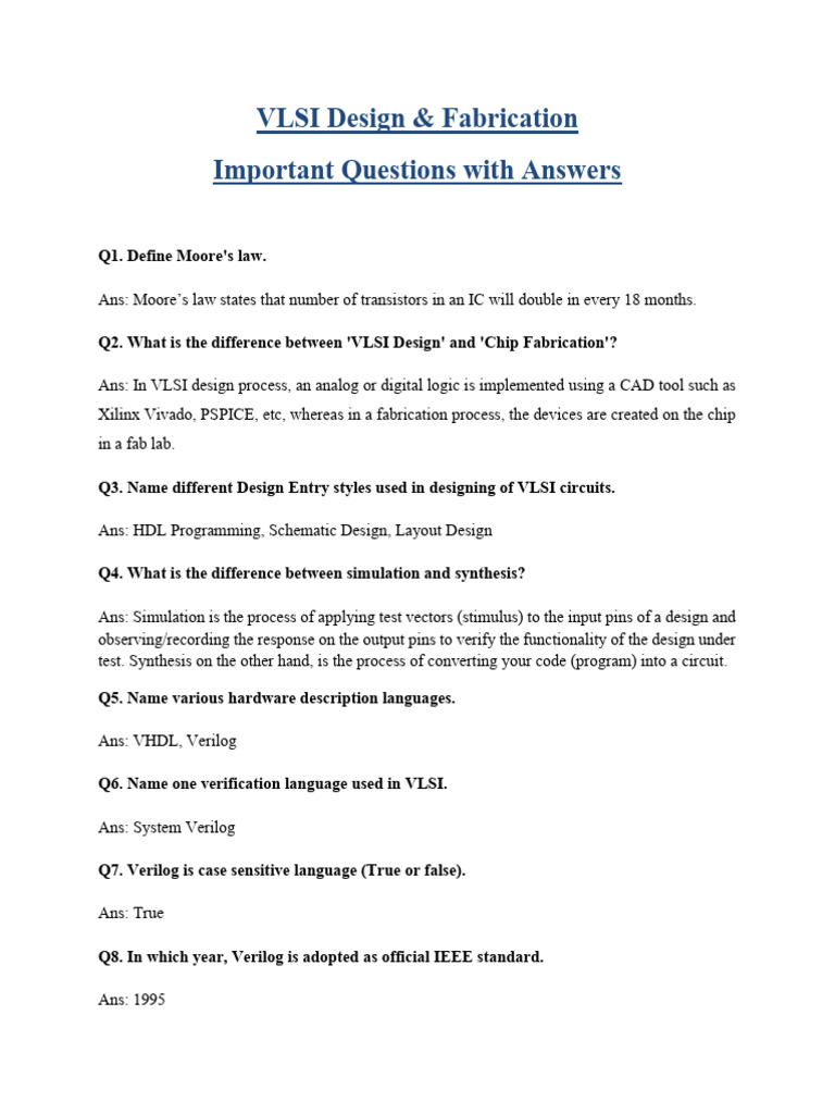 VLSI Design & Fabrication Q&A Guide | PDF | Hardware Description ...