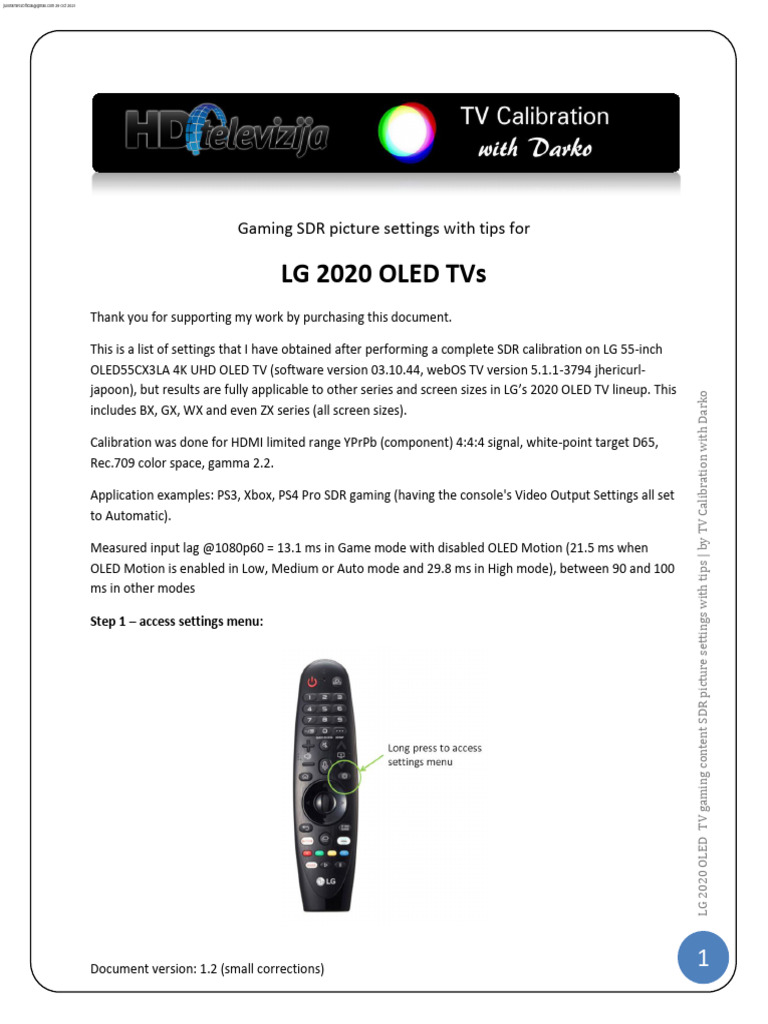 LG 2020 OLED TV SDR Gaming Content Picture Settings v1.2 PDF Oled
