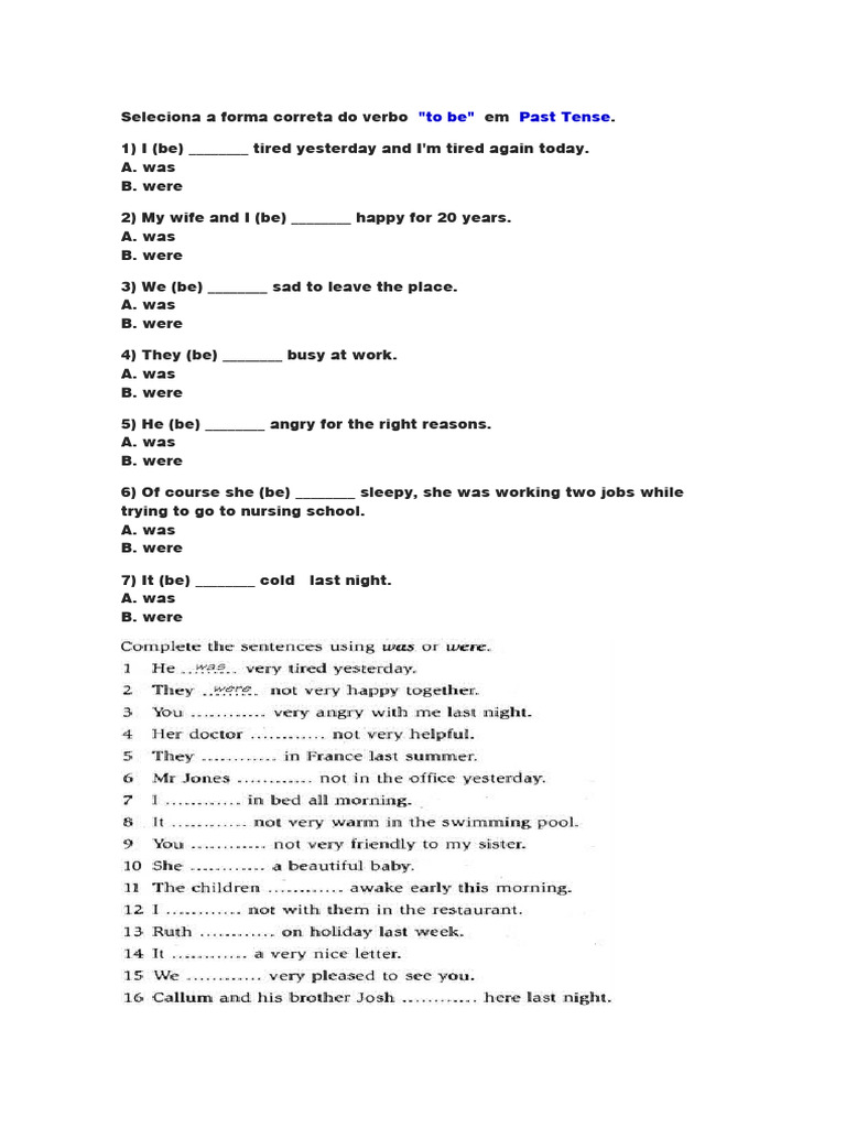 Prova Verbo To Be Past Tense PDF