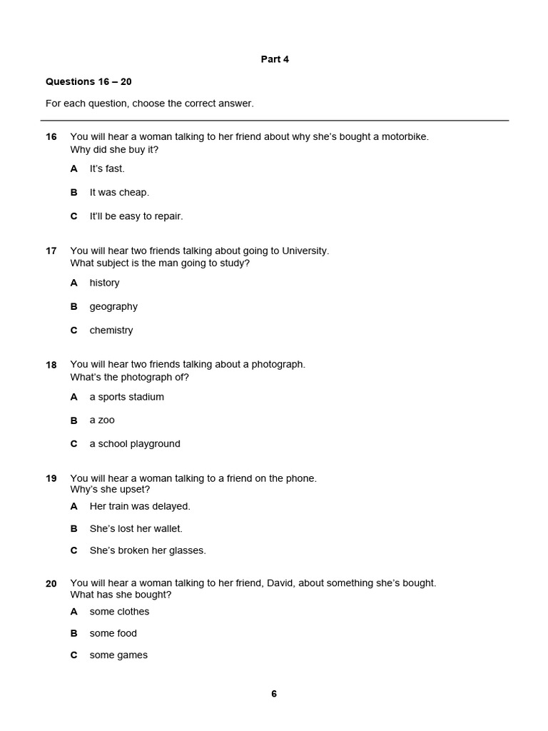A2 Key 2020 Sample Tests Listening Page 6 PDF