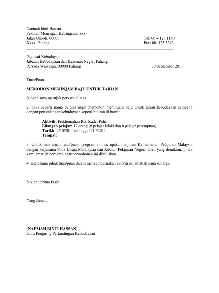 Surat Mohon Pembelian Baju Tarian