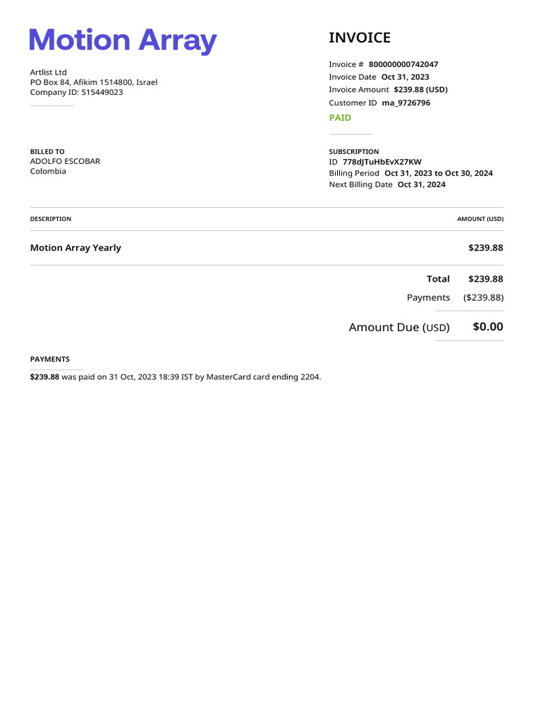 Motion Array Yearly Subscription Invoice | PDF