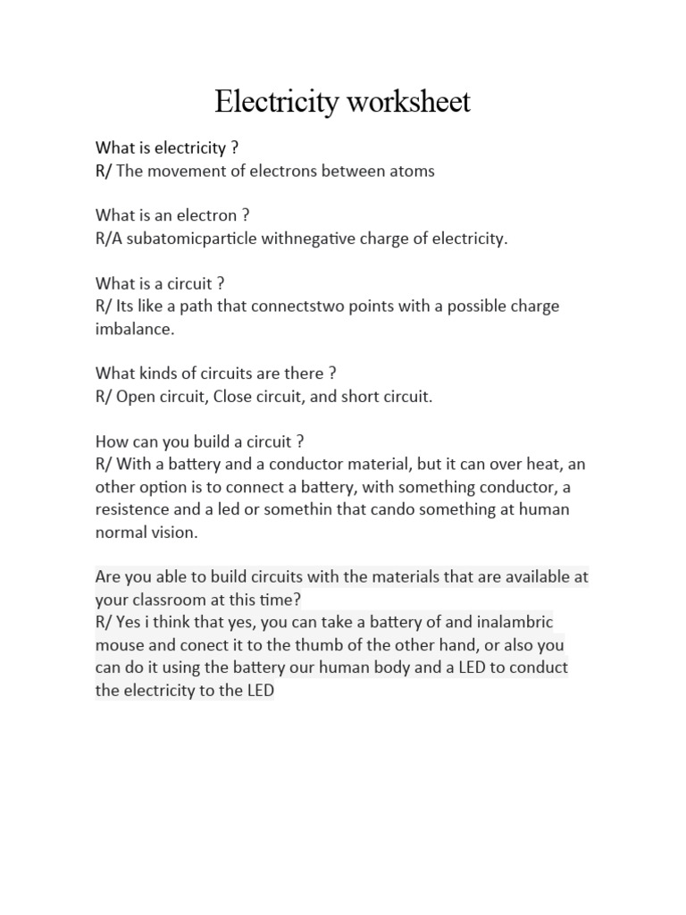 Electricity Worksheet PDF