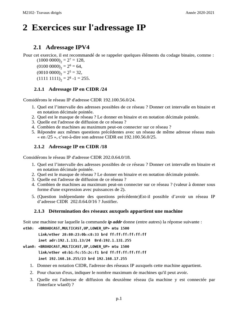 Adressage IP en CIDR et exercices associés | PDF | Adresse IP | I Pv6