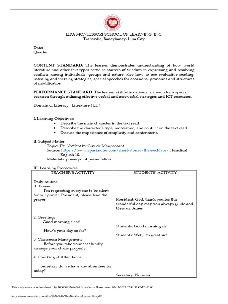 The Necklace Lesson Plan PDF PDF Learning Lesson Plan