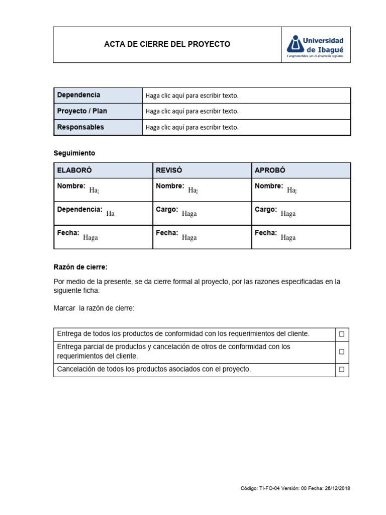 TI-FO-04 Acta de Cierre Del Proyecto | PDF | Informática