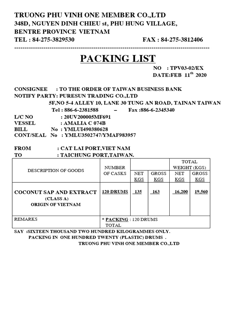 Packing List Truong Phu Vinh One Member Co.,Ltd PDF Vietnam