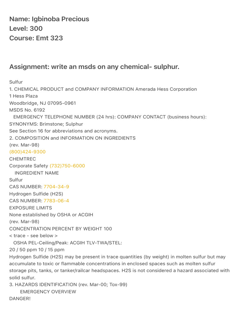 Msds On Sulphur PDF Sulfur Dangerous Goods