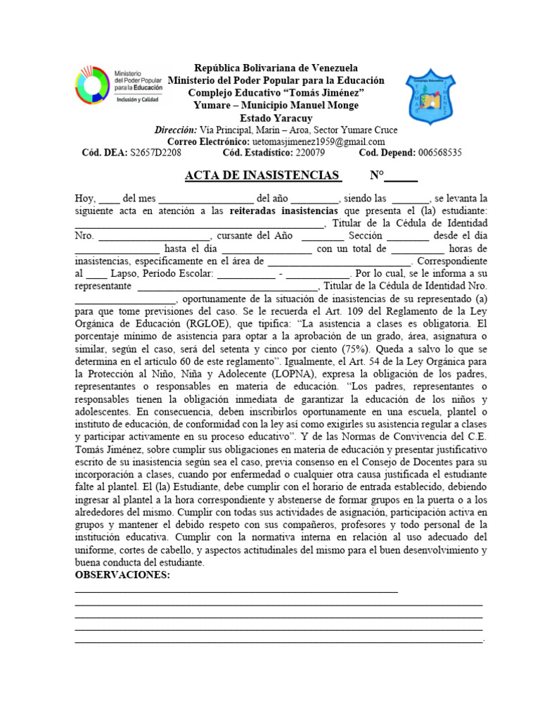 Acta de Inasistencias Escolar en Venezuela | PDF | Ciencias sociales