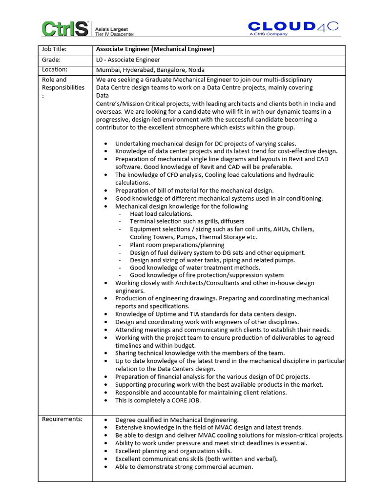Mechanical Associate Engineer Role | PDF | Data Center | Mechanical ...