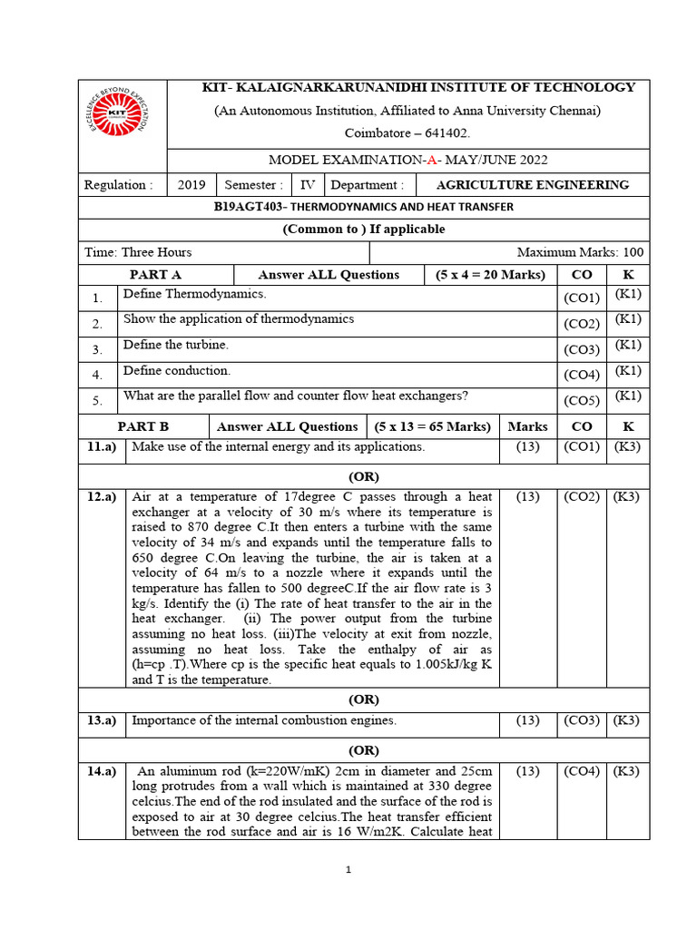 Class Test Model A Type PDF Heat Heat Transfer
